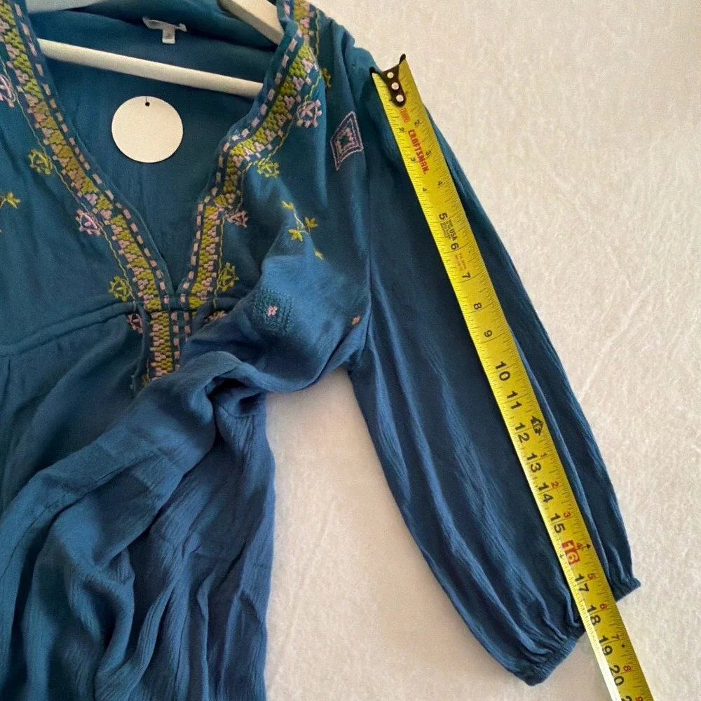 En Creme Womens Slate Blue Embroidered Babydoll Tunic Top Boho Rayon ED13940BL L